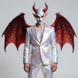 a iron devil with infernal devil wings in an iridescent chameleon - colored suit with a pearly hue