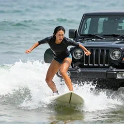 an angry asian girl surfing on a black jeep wrangler