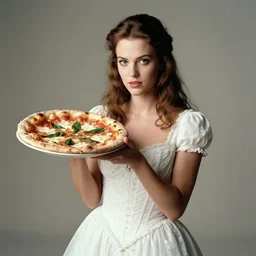 portrait of a yound beautiful queen in an intricate white dress, holding up a neapolitan pizza margherita to the camera, muted colors, soft lighting, sharp focus, neutral background, masterpiece, photo by jimmy nelson, cindy sherman, letizia vestrucci