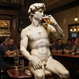 the statue david from michelangelo drinking a beer, sitting on the bar in a sportsbar full of people