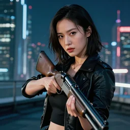 photographic portrait of a techwear woman holding a shotgun, holding shotgun down, closeup, on the rooftop of a futuristic city at night, sigma 85mm f/1.4, 4k, depth of field, high resolution, full color, award winning photography, Kill Bill, John Wick, Die Hard, movies with guns, movie firearms