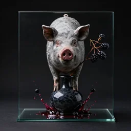 defaced sculpture of a pig and blackberries, photorealistic, centred, ikebana vase, black background, obsidian, mounted on glass, berry juice splashes, zen, trending on artstation