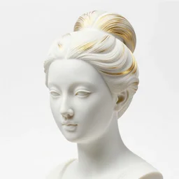 full head and shoulders, beautiful female porcelain sculpture by daniel arsham and raoul marks, smooth, all white features on a white background, delicate facial features, white eyes, white lashes, detailed white, lots of real gold hair in a'beehive hairstyle'on the head