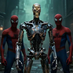 evil robot terminator ultron joker smile, spiderman pose, dark