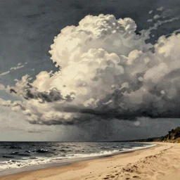 landscape of the beach, clouds, day ; detailed illustrations, pastel tones, dark colors, clear lines