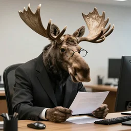 photo of a real moose in a suit and glasses, reading a document at a desk in an office. Highly detailed 8k. Intricate. Sony a7r iv 55mm. Award winning.