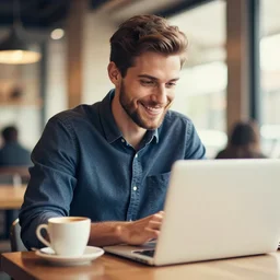 stock photo of a smiling man sitting at a laptop in a coffee shop cafe, shallow depth of field, post processed, color grading, warm lighting, backlit, canon 3 5 mm f 1. 4 l lens