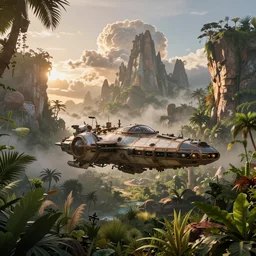 very detailed photograph of a disneyland paris style steampunk spaceship floating over an elaborate ancient jungle valley with jagged rocks and peaks, misty at sunset with volumetric lighting. sunlit cumulonimbus storm clouds float over. lush foliage, grasses cover the ground. atmospheric haze, radiosity