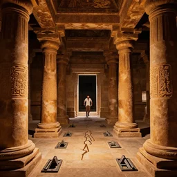 ancient temple, pillars, tomb raidar, indiana jones, traps, from inside a temple, temple run, painted by greg rutkowski