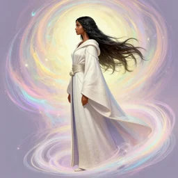 side profile, maya ali, wizard, gloomhaven and elden ring concept art, robes, elegant, highly detailed, smooth, colorful swirly magical ripples, pastel colors, by huang guangjian, sachin teng, greg rutkowski, jesper ejsing, ilya kuvshinov, artgerm, mucha