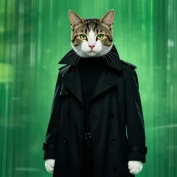 a photo of a humanoid cat wearing a black trench coat in the matrix, cinematic, green, black, white, ultra detailed, hollywood quality