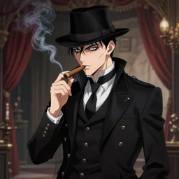 um detetive noir fumando um cigarro com persianas ao fundo, van hellsing anime. dramatic lighting, anime style, pencil and ink manga drawing, centered in panel