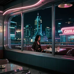 vertical movie frame, girl in 7 0's retro restaurant, editorial, fashion, neon - decorated urban on night in the city seen through the window, modern architecture design, vintage, night, blade runner, dark, clean lines, asian futuristic city at distance, big windows, octane, wide angle