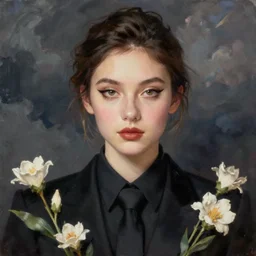 woman, detailed almond eyes shape, dressed in black tie, fowers, dark clouds, stylish, greg hildebrandt fancy oil painting high quality luxury clothes