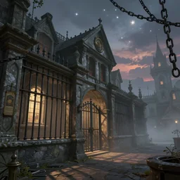 a hyperrealistic render of a victorian jail, fog, cages, chains, stars, twilight, outdoor, art by Artgerm and Greg Rutkowski and Alphonse Mucha, hearthstone art style, epic fantasty card game art, Beautiful dynamic dramatic moody lighting, shadows, cinematic, Octane, 8K