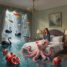 tall emo girl in her bedroom, pigs, pomegranates, octopus, flooded, floating sculptures, luxury apartment bedroom, art on the walls, fish, zen, waterfall, black swans, canoe, berries, surrealist, digital painting, artstation