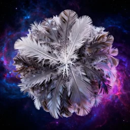 an highly detailed irregular warped fractal of feathers by Jeff Koons, background of outer space neon nebulas by Pilar Gogar, 8k hdr octane render