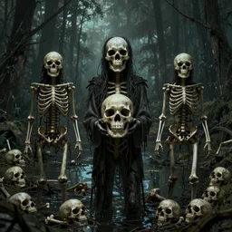 people holding skulls in a swamp filled with bones digital horror art