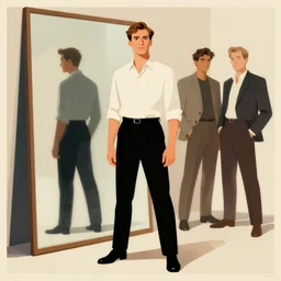 full body portrait of a man standing in front of a giant mirror, by dean ellis, john watkiss, coby whitmore, limited neutral palette, beautiful graphic art, propaganda poster art 1 9 7 0 s illustrated advertising art, painterly character design