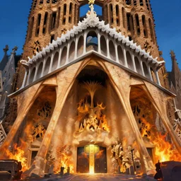 an obsidian Sagrada Família cathedral with a giant obsidian door, in the elemental plane of fire, Dungeon and Dragon illustration, painted by Greg Rutkowski, 4k, trending on ArtStation