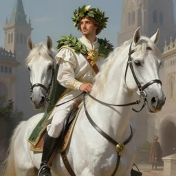a man wearing green laurels of glory, entering a city in a white horse.. intricate, elegant, highly detailed, digital painting, artstation, concept art, sharp focus, illustration, by justin gerard and artgerm, 8 k