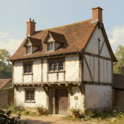 medieval timbered building with white plaster, art by greg rutkowski gaston bussiere, quaint cottage style, warm light, fantasy detailed digital painting concept art artstation sharp focus illustration