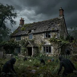 photorealistic, ruined english cottage, overgrown vegetation, apocalypse, shadowy lurking creatures, hyperrealistic, grimdark, artstation
