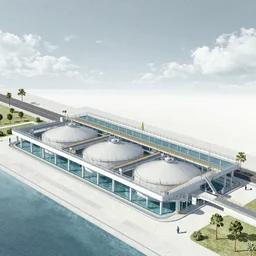 architectural section of a solarpunk seawater desalination plant designed by zaha Hadid and Steven holl, Artstation trending. Octane 4k