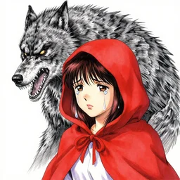 portrait of a beautiful little red riding hood sobbing, tears run down her cheeks, as a terrifying werewolf emerges from her back, pen and ink, intricate line drawings, by Yoshitaka Amano, Ruan Jia, Kentaro Miura, Artgerm, watercolor