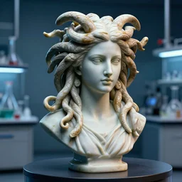 hyper realistic meticulously intricate detailed beautiful bust statue of medusa in empty tank : : 3 science laboratory back drop : : 1 dramatic lighting, cinematic, uhd, octane render, vivid colors, 3 d, ultra resolution, unreal engine