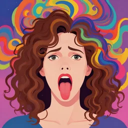 a colorful vibrant closeup portrait of a simple caucasian woman with curly mid length brown hair with a fearful afraid aesthetic face scream tongue and dreaming psychedelic hair, by kawase hasui, moebius, edward hopper and james gilleard, zdzislaw beksinski, steven outram colorful flat surreal design, hd, 8 k, artstation