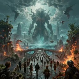 steampunk biopunk clockpunk underwater end of the world among crowd of lot of people, clouds, fire, demons, plants, bridge, buildings, people, serpent, strange creatures walking around, falling from sky, big titan creature in the center, splitting the sky and the ocean and the tall city, by vladimir kush and giger and zdzislaw
