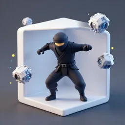 a ninja in a white box dodging borg cubes, blue and yellow particles