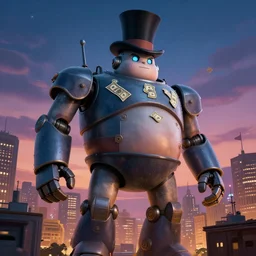 giant capitalist robot looming over retro city, composition, artwork, money, fat robot, top hat, dusk, night, tall hat, sky, buildings, realistic