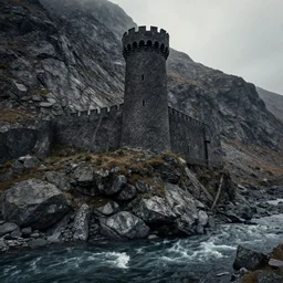 a dark stone tower on a rocky mountain surrounded by rough flowing water, realistic, detailed, medieval