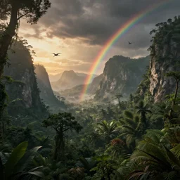 an award winning digital artwork of a lush prehistoric rainforest with tall mountains in the background, a raincloud, a rainbow, with pterosaurs flying at a distance, stunning, washed out colors, volumetric lighting, sunset, photorealistic