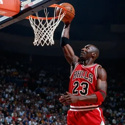 small goblin dunking on Michael Jordan in basketball