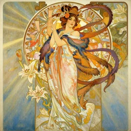 deco art by yoshitaka amano, alfons mucha, makoto shinkai and john singer sargent, chinese taoist fairy goddess played by brigitte lin, colorful clothes and feather clothes of the tang dynasty, hyper detailed, character concept, full body, dynamic pose, intricate, lineart, cerpuscular rays, lily flowers. oil painting by yoshitaka amano, alfons mucha, makoto shinkai and john singer sargent. 8 k