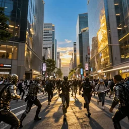 sci - fi art, mutants rampaging in shinjuku street, blue and gold hour, art by ismail inceoglu
