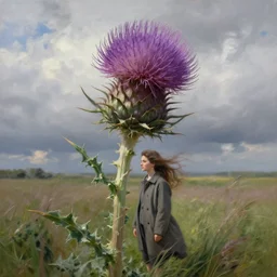 portrait, enormous thistle flower head, a girl wearing a coat in field, surreal photography, wind, cloudy sky, dramatic light, impressionist painting, digital painting, artstation, simon stalenhag