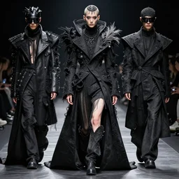 beautiful androgynous high fashion avant garde look and clothes, we can see them from feet to head, highly detailed and intricate, hypermaximalist, luxury, elite, cinematic, designer fashion, rick owens, yohji yamamoto, y 3, acrnym, fashion photography