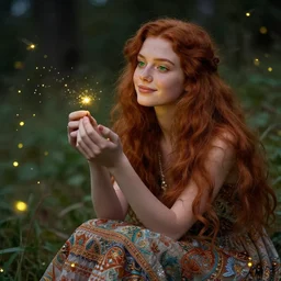 a young woman, admiring the lights of golden fireflies, sitting in the midst of nature fully covered with a wonderful dress, long loose red hair, intricate details, green eyes, small nose with freckles, oval shape face, soft happy smile, realistic, expressive emotions, hyper realistic art by marco grassi