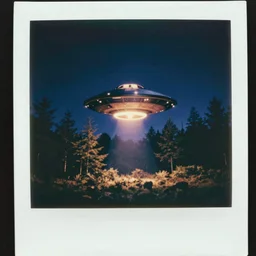 a ufo with glowing lights flying over a forest at night, old polaroid, expired film,