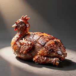 a steak in the shape of a chicken, shaped like chicken, chicken shaped meat
