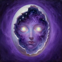 god _ in _ the _ astral _ void _ seraphim soul _ head _ see _ through _ glass _ like _ filled _ with _ stars _ srounded _ by _ purple _ void _ split _ open _ like _ cracked _ egg _ wound _ glowing _ with _ universe _ glowing _ eyes _ no _ nose. psychedelic art. neo classical painting. stunning ethereal aesthetics, octane render, digital painting art wisdoms from alternate reality. z