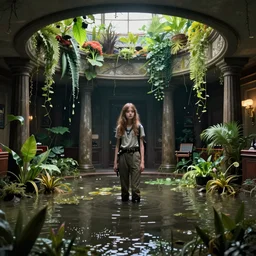an urban explorer girl, alone, in an empty dark flooded oval office, overgrown with aquatic plants