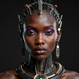 portrait of zulu model, intricate, technology, sharp focus, octane render, realistic, detailed, beautiful, unreal engine, symmetrical!!, maybelline, sephora, loreal, artstation, art by artgerm, rossdraws, art by karol bak, makeup by pat mcgrath, cinematic, concept art, filmic, vsco