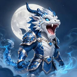 an screaming blue and white dragon wearing armor, digital art, moonlight, blue mist, blue smoke,