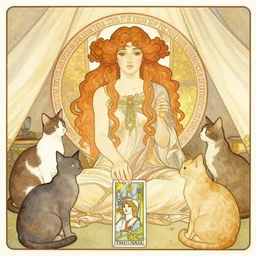 lady with long curly hair doing tarot surrounded by cats in a gypsy tent, Alphonse Mucha, nouveau poster style, thin lines and pastel colors