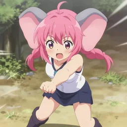 ”Japanese anime girl, pink hair with two huge elephant ears, action shot, by Kurahana Chinatsu”